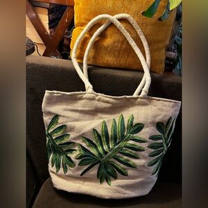 Neutral Canvas Tote with Green Embroidered Leaves - Women Bags
